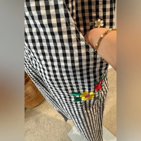 NWOT Teddy Fresh Black & White Playful Gingham Embroidered Floral Overalls - Picture 9 of 16